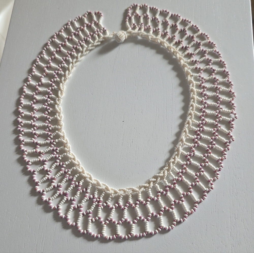 Handmade Seed Bead Netted Collar Necklace White Pink Vintage Bib Choker Unique